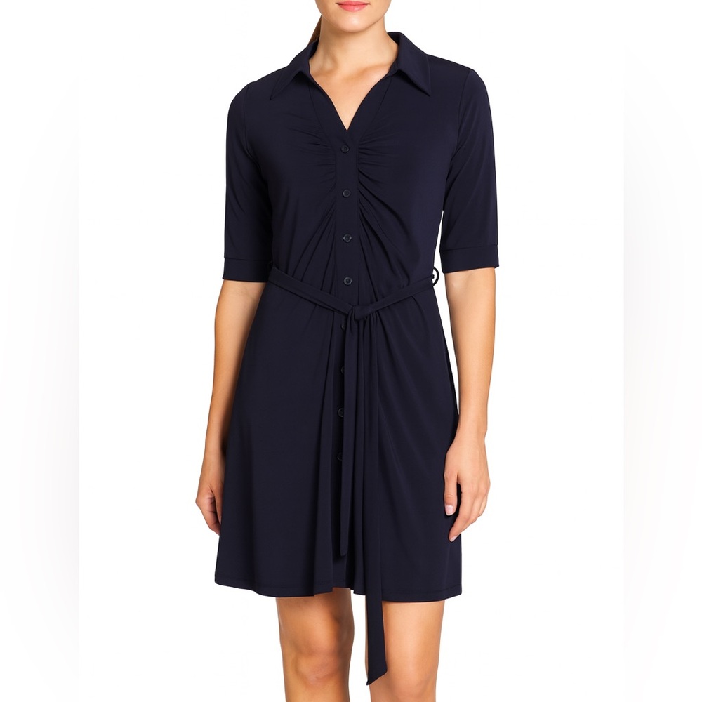 Spense gathered front 3/4 Sleeve Dark Navy Collar Dress knee length Women’s 10